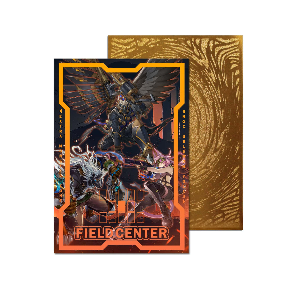 Level up your game with our custom-printed metal field centers, featuring exclusive Tri-Brigade Archetype artwork in gold metal. Durable, scratch-resistant, and embossed with the iconic Yu-Gi-Oh! card back, these slim field centers fit perfectly in card sleeves. Tri-Brigade-yugioh-mtg-pokemon-metal-card-embossed-design-custom-artwork-duel-accessories-ldb-duel