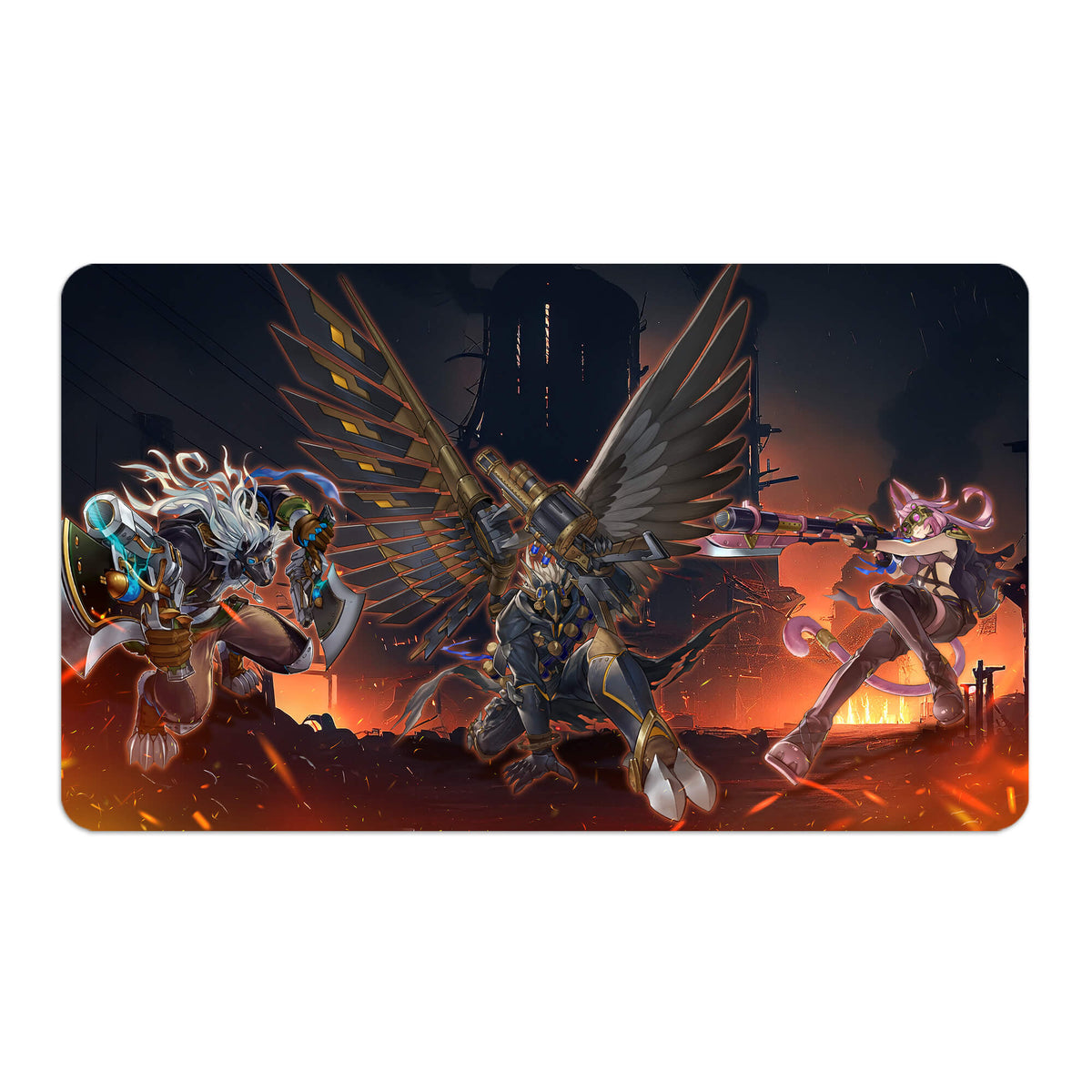 Transform your dueling experience with LDB Duel featuring our exclusive art Tri-Brigade Archetype playmat! Featuring a soft cloth top for smooth card movement and a durable rubber back for a secure grip, this 24x14 inch mat is machine washable and safe for cards and sleeves. Tri-Brigade-yugioh-mtg-pokemon-custom-artwork-premium-durable-rubber-ldb-duel