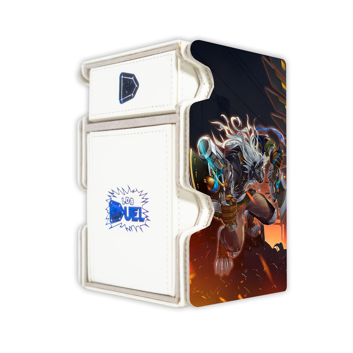 Here is the Right View of the Tri-Brigade Archetype Mach 3 White Deck Box. Shuraig-yugioh-deck-tray-dice-tray-LDB-Duel
