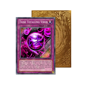 Level up your game with our custom-printed metal orica cards, featuring exclusive Tribe Totalling Virus artwork in gold metal. Durable, scratch-resistant, and embossed with the iconic Yu-Gi-Oh! card back, these slim orica cards fit perfectly in card sleeves. Tributed-yugioh-mtg-pokemon-metal-card-embossed-design-custom-artwork-duel-accessories-ldb-duel