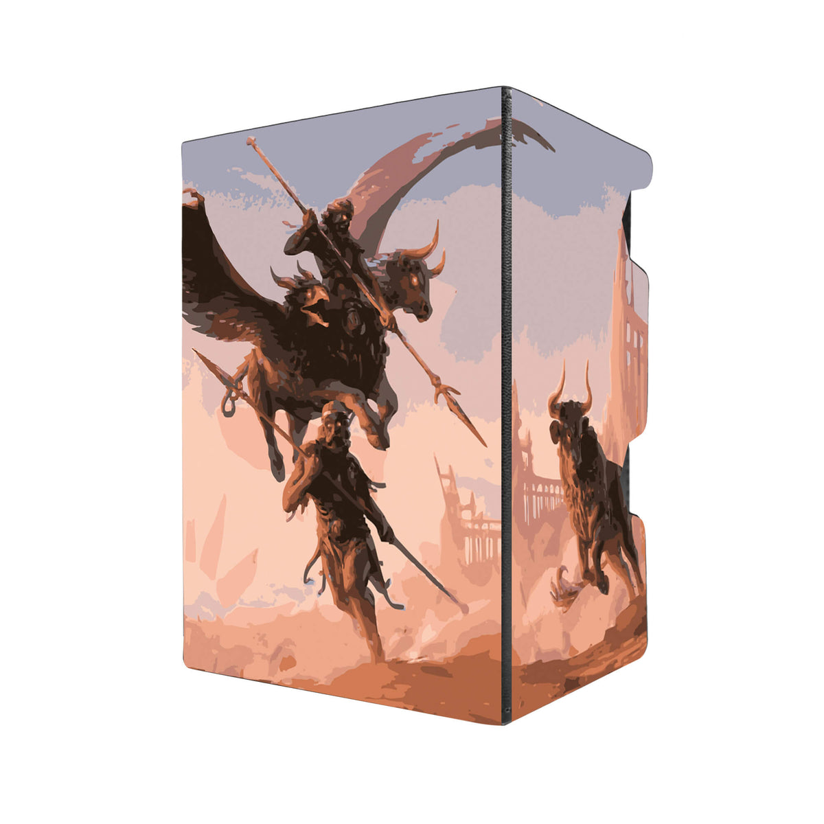 Here's another quality black deck box from LDB Duel featuring our exclusive Triplicate Titan art. Fits all types of trading card games, including Pokémon, Yu-Gi-Oh! and Magic The Gathering. The perfect card holder for the TCG player safely holds up to 100 double-sleeved cards. EVEN in extra thick sleeves. Comes with a pull-out dice tray. Golem-mtg-tcg-accessories-card-storage-LDB-Duel
