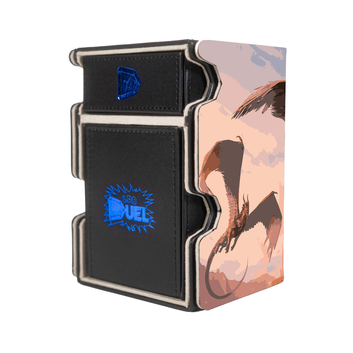 Here is the Right View of the Triplicate Titan Mach 3 Black Deck Box. Flying-mtg-deck-tray-dice-tray-LDB-Duel