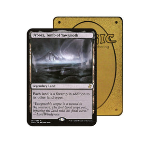 Level up your game with our custom-printed metal orica cards, featuring exclusive Urborg, Tomb of Yawgmoth artwork in gold metal. Durable, scratch-resistant, and embossed with the iconic Yu-Gi-Oh! card back, these slim orica cards fit perfectly in card sleeves. Synergy-mtg-yugioh-pokemon-metal-card-embossed-design-custom-artwork-duel-accessories-ldb-duel
