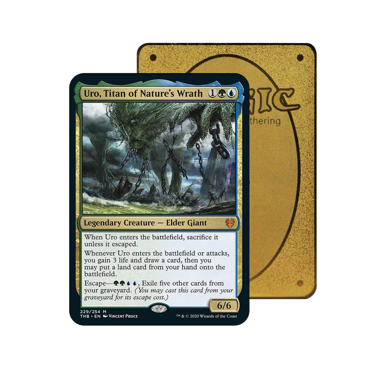 Level up your game with our custom-printed metal orica cards, featuring exclusive Uro, Titan of Nature's Wrath artwork in gold metal. Durable, scratch-resistant, and embossed with the iconic Yu-Gi-Oh! card back, these slim orica cards fit perfectly in card sleeves. Elder-Giant-mtg-yugioh-pokemon-metal-card-embossed-design-custom-artwork-duel-accessories-ldb-duel