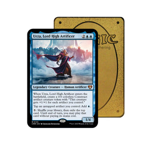 Level up your game with our custom-printed metal orica cards, featuring exclusive Urza, Lord High Artificer artwork in gold metal. Durable, scratch-resistant, and embossed with the iconic Yu-Gi-Oh! card back, these slim orica cards fit perfectly in card sleeves. Human-Artificer-mtg-yugioh-pokemon-metal-card-embossed-design-custom-artwork-duel-accessories-ldb-duel