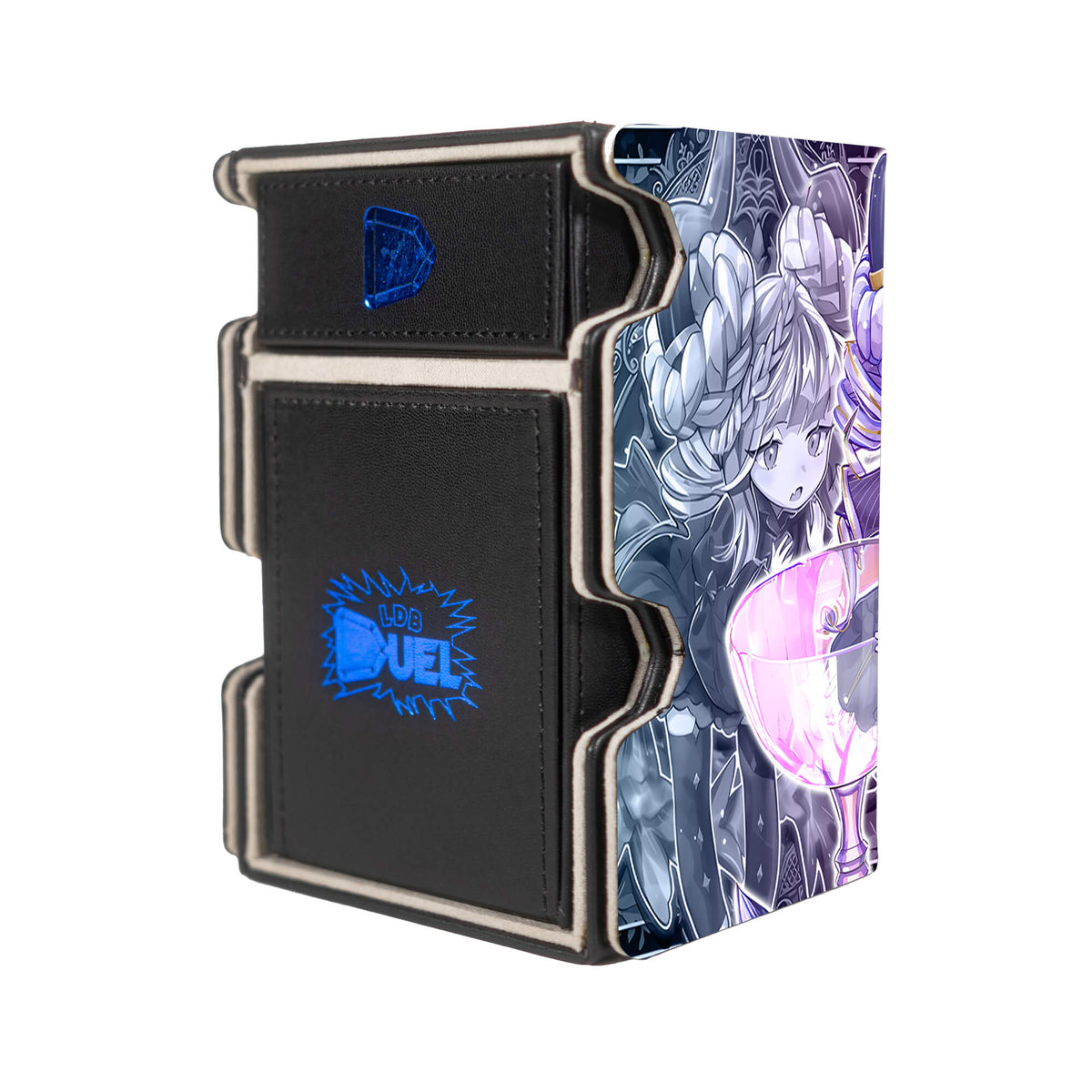 Here is the Right View of the Vaalmonica Disarmonia Mach 3 Black Deck Box. Duralume-yugioh-deck-tray-dice-tray-LDB-Duel