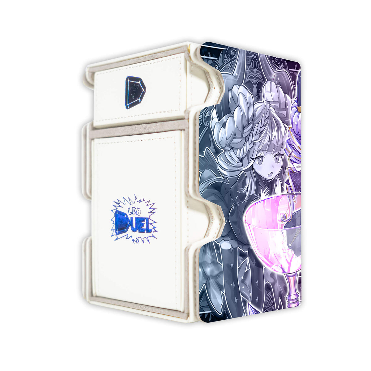 Here is the Right View of the Vaalmonica Disarmonia Mach 3 White Deck Box. Angello-yugioh-deck-tray-dice-tray-LDB-Duel