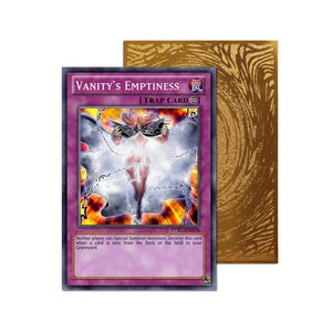 Level up your game with our custom-printed metal orica cards, featuring exclusive Vanity's Emptiness artwork in gold metal. Durable, scratch-resistant, and embossed with the iconic Yu-Gi-Oh! card back, these slim orica cards fit perfectly in card sleeves. Vanitys-Fiend-yugioh-mtg-pokemon-metal-card-embossed-design-custom-artwork-duel-accessories-ldb-duel