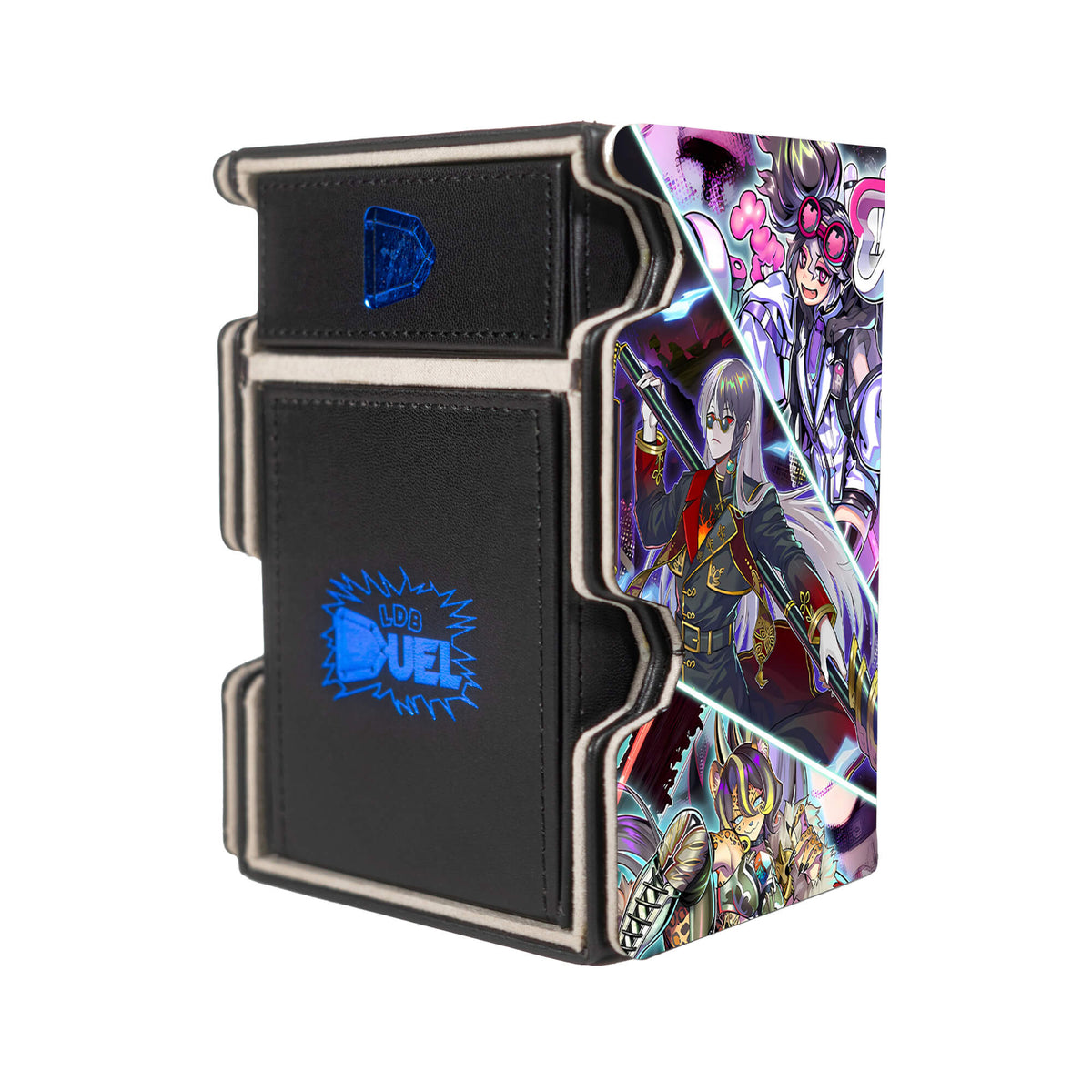 Here is the Right View of the Vanquish Soul Ultimate Mach 3 Black Deck Box. Pantera-yugioh-deck-tray-dice-tray-LDB-Duel