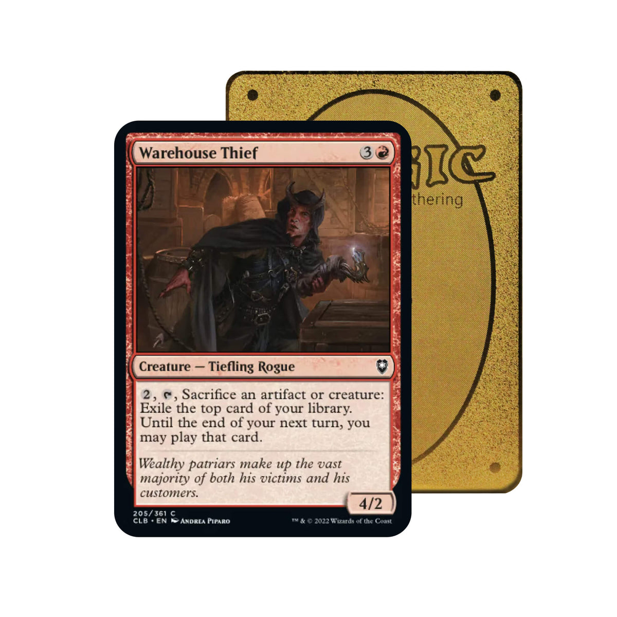 Level up your game with our custom-printed metal orica cards, featuring exclusive Warehouse Thief artwork in gold metal. Durable, scratch-resistant, and embossed with the iconic Yu-Gi-Oh! card back, these slim orica cards fit perfectly in card sleeves. Tiefling-Rogue-mtg-yugioh-pokemon-metal-card-embossed-design-custom-artwork-duel-accessories-ldb-duel