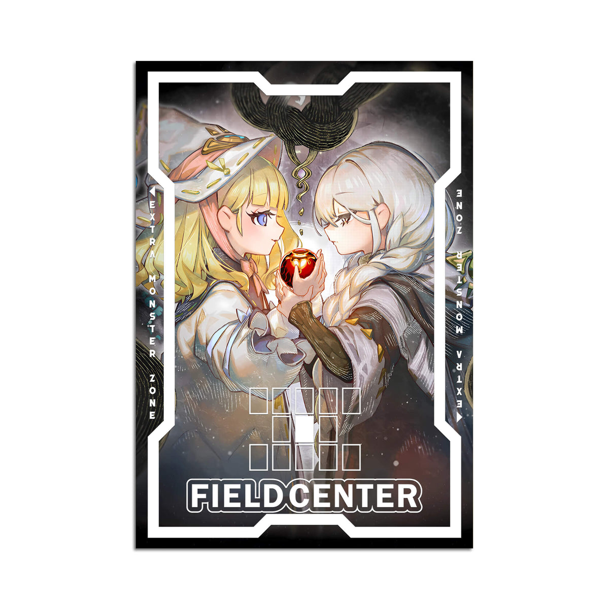 Level up your game with our custom-printed metal field centers, featuring exclusive White Forest Archetype artwork in gold metal. Durable, scratch-resistant, and embossed with the iconic Yu-Gi-Oh! card back, these slim field centers fit perfectly in card sleeves. Diabell-Queen-yugioh-mtg-pokemon-metal-card-embossed-design-custom-artwork-duel-accessories-ldb-duel