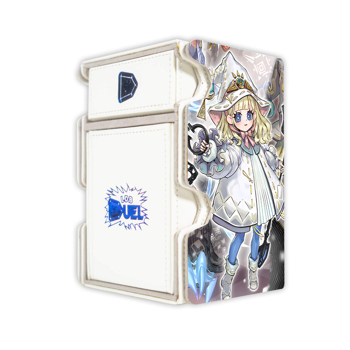 Here is the Right View of the White Forest Archetype Mach 3 White Deck Box. Rucia-yugioh-deck-tray-dice-tray-LDB-Duel