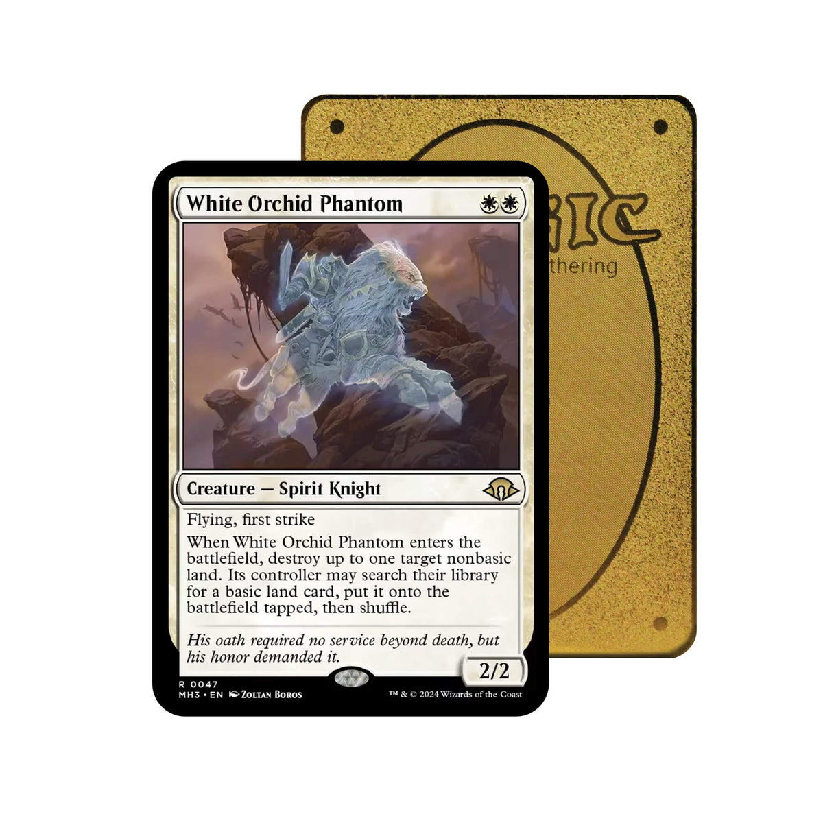 Level up your game with our custom-printed metal orica cards, featuring exclusive White Orchid Phantom artwork in gold metal. Durable, scratch-resistant, and embossed with the iconic Yu-Gi-Oh! card back, these slim orica cards fit perfectly in card sleeves. Spirit-Knight-mtg-yugioh-pokemon-metal-card-embossed-design-custom-artwork-duel-accessories-ldb-duel