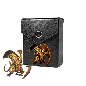 Enhance your TCG storage with the The Winged Dragon of Ra Mach 2 Black deck box, available in options for 60 or 80 single-card sleeves. Sold by LDB Duel. Crafted from durable faux leather, it includes a built-in belt loop, a strong magnetic snap, and showcases our exclusive The Winged Dragon of Ra design—ideal for TCG enthusiasts on the move! Ra-Yellow-yugioh-mtg-pokemon-tcg-accessories-card-storage-LDB-Duel-black