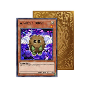 Level up your game with our custom-printed metal orica cards, featuring exclusive Winged Kuriboh artwork in gold metal. Durable, scratch-resistant, and embossed with the iconic Yu-Gi-Oh! card back, these slim orica cards fit perfectly in card sleeves. Kuribee-yugioh-mtg-pokemon-metal-card-embossed-design-custom-artwork-duel-accessories-ldb-duel