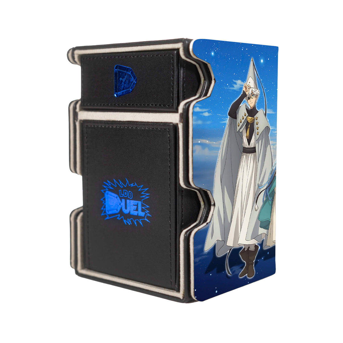 Here is the Right View of the Witch Hat Atelier Mach 3 Black Deck Box. Iguin-anime-deck-tray-dice-tray-LDB-Duel