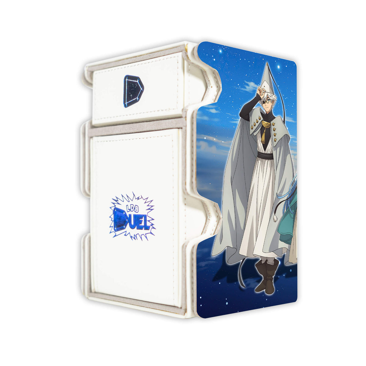 Here is the Right View of the Witch Hat Atelier Mach 3 White Deck Box. Qifrey-anime-deck-tray-dice-tray-LDB-Duel
