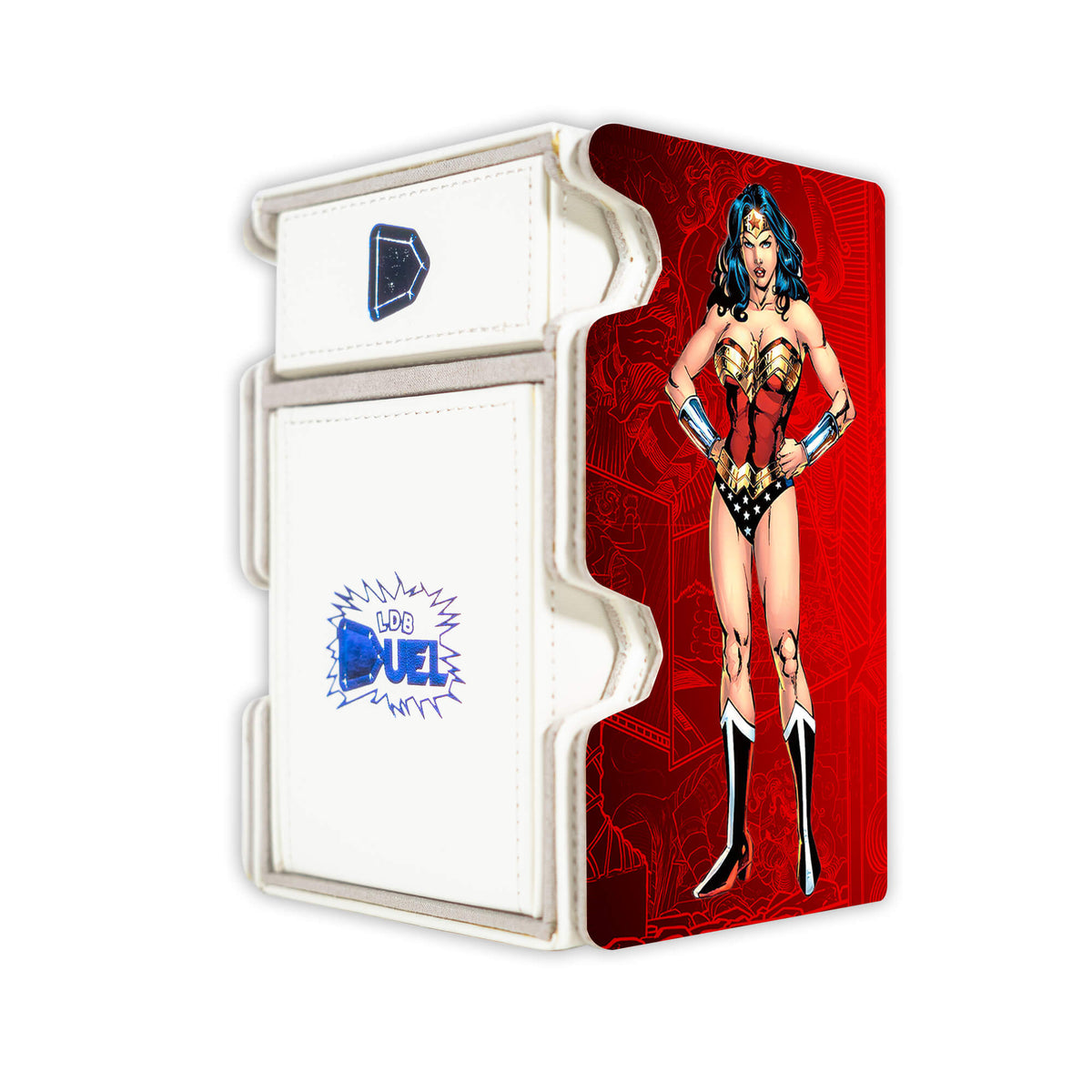 Here is the Right View of the Wonder Woman, Amazon Warrior Mach 3 White Deck Box. Amazons-mtg-deck-tray-dice-tray-LDB-Duel