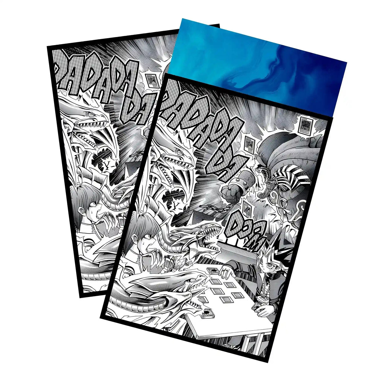 Enhance your cards with our elegant black border card sleeves, featuring a sleek, sophisticated design for a bold, modern aesthetic. From LDB Duel. Perfect for showcasing your collection, these sleeves are printed with our exclusive Yami Yugi VS Seto Kaiba design. Blue-Eyes-yugioh-card-protection-standard-japanese-dragon-shield-LDB-Duel-black