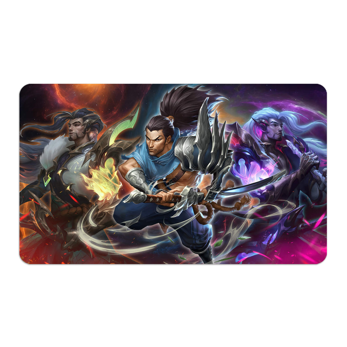 Transform your dueling experience with LDB Duel featuring our exclusive art Yasuo | League of Legends playmat! Featuring a soft cloth top for smooth card movement and a durable rubber back for a secure grip, this 24x14 inch mat is machine washable and safe for cards and sleeves. Swordsman-anime-yugioh-mtg-pokemon-custom-artwork-premium-durable-rubber-ldb-duel