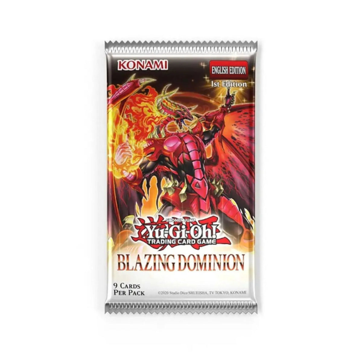Yu-Gi-Oh! TCG: Blazing Dominion Booster Box features fiery, high-energy packaging showcasing the powerful Red Dragon Archfiend and Jack Atlas-themed artwork. This factory-sealed 1st Edition booster box includes 24 booster packs (9 cards per pack, with 1 foil card in every pack) loaded with new DARK Dragon Synchro support, Machine/Train upgrades, and Fairy Tail cards. Available from LDB Duel.
