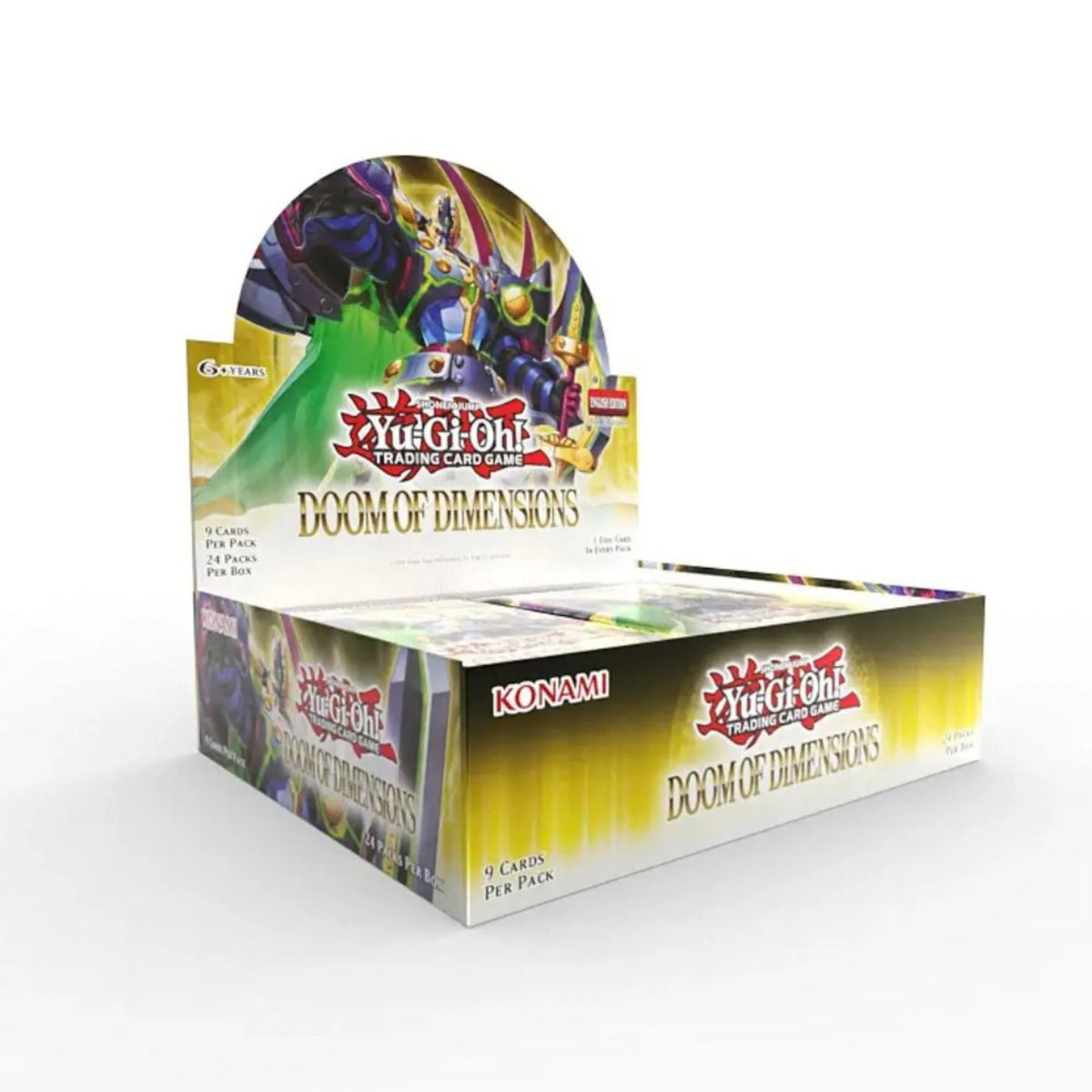 Yu-Gi-Oh! TCG: Doom of Dimensions Booster Box features bright yellow packaging and dynamic artwork showcasing Declan’s iconic D/D/D Pendulum monsters from Yu-Gi-Oh! ARC-V. This factory-sealed 1st Edition booster box contains 24 booster packs (9 cards per pack, with 1 foil card in every pack) loaded with new D/D/D support, multi-dimensional strategies, and 25 desirable Starlight Rares. Available from LDB Duel.