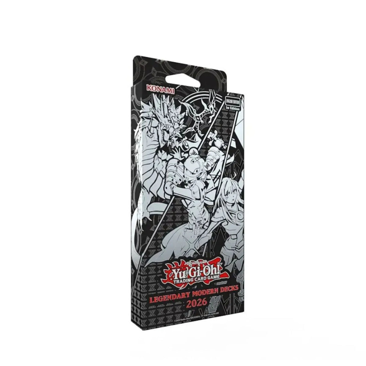Yu-Gi-Oh! TCG: Legendary Modern Decks 2026 features sleek black line-art packaging highlighting modern tournament strategies. This 1st Edition English box set includes three 55-card ready-to-play decks—Sky Strikers, X-Sabers, and Mitsurugi—loaded with 3 Secret Rares, 18 Ultra Rares, and competitive staples. Available from LDB Duel.