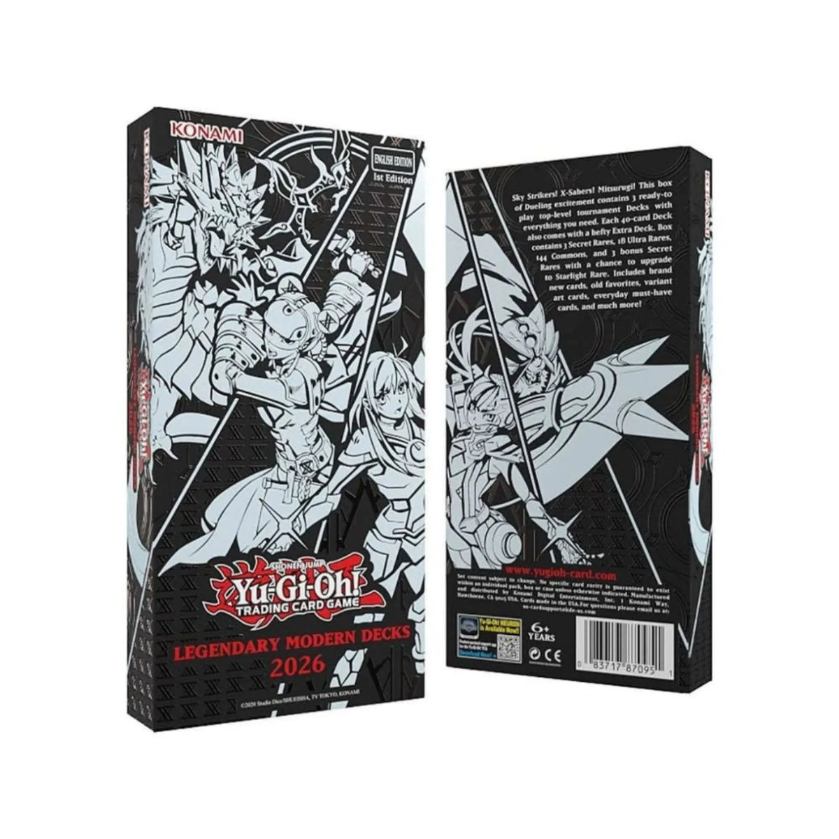Yu-Gi-Oh! TCG: Legendary Modern Decks 2026 features sleek black line-art packaging highlighting modern tournament strategies. This 1st Edition English box set includes three 55-card ready-to-play decks—Sky Strikers, X-Sabers, and Mitsurugi—loaded with 3 Secret Rares, 18 Ultra Rares, and competitive staples. Available from LDB Duel.
