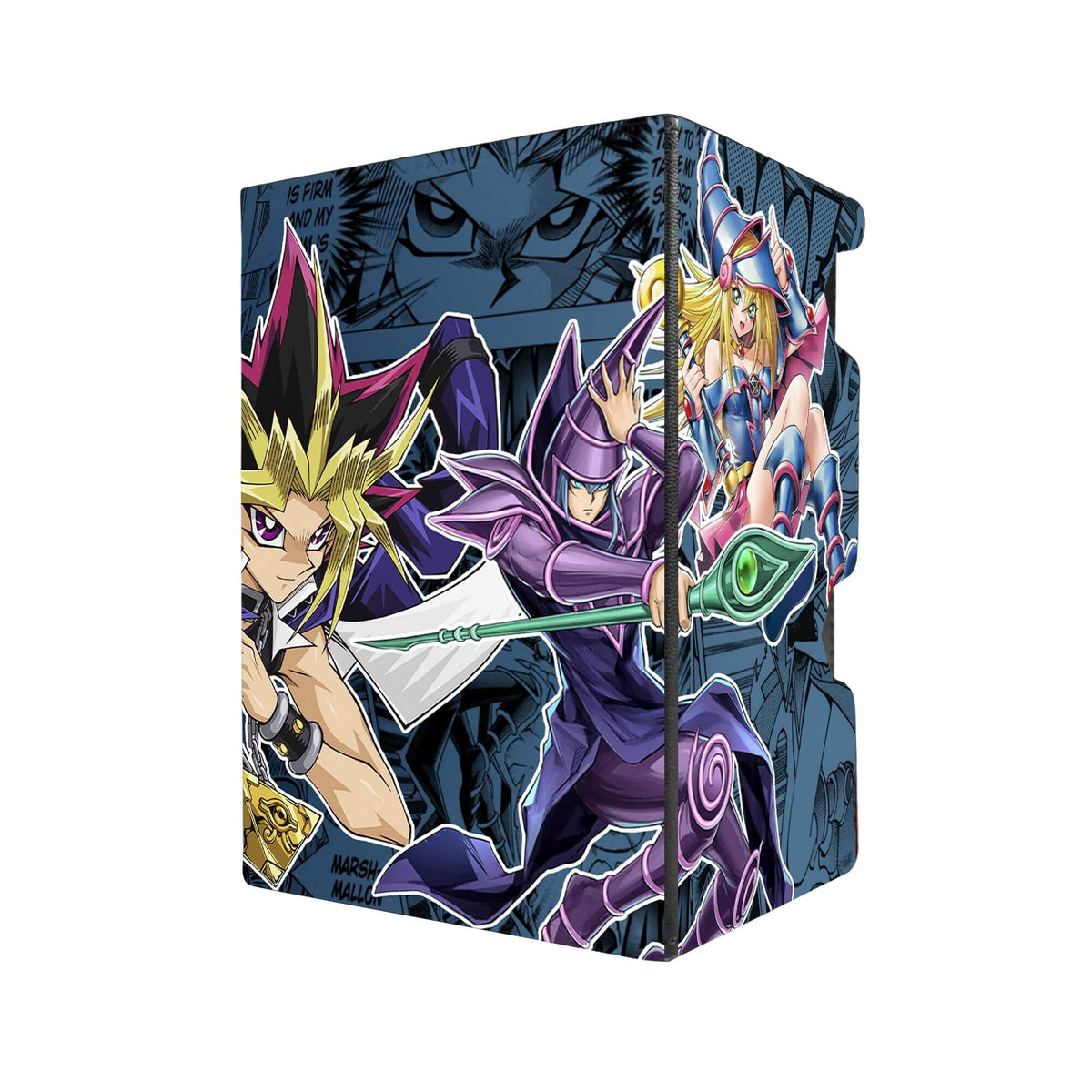 Here's another quality black deck box from LDB Duel featuring our exclusive Yugi's Dark Magicians art. Fits all types of trading card games, including Pokémon, Yu-Gi-Oh! and Magic The Gathering. The perfect card holder for the TCG player safely holds up to 100 double-sleeved cards. EVEN in extra thick sleeves. Comes with a pull-out dice tray. Duelists-King-yugioh-tcg-accessories-card-storage-LDB-Duel