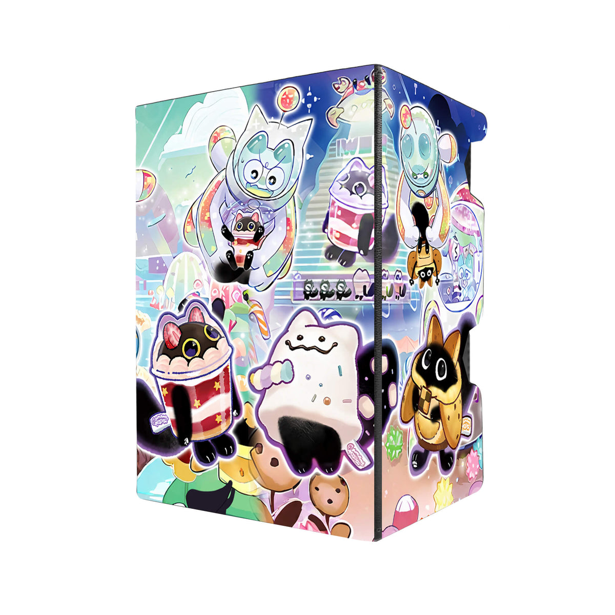 Here's another quality black deck box from LDB Duel featuring our exclusive Yummy Marshmallow art. Fits all types of trading card games, including Pokémon, Yu-Gi-Oh! and Magic The Gathering. The perfect card holder for the TCG player safely holds up to 100 double-sleeved cards. EVEN in extra thick sleeves. Comes with a pull-out dice tray. Yummy-yugioh-tcg-accessories-card-storage-LDB-Duel