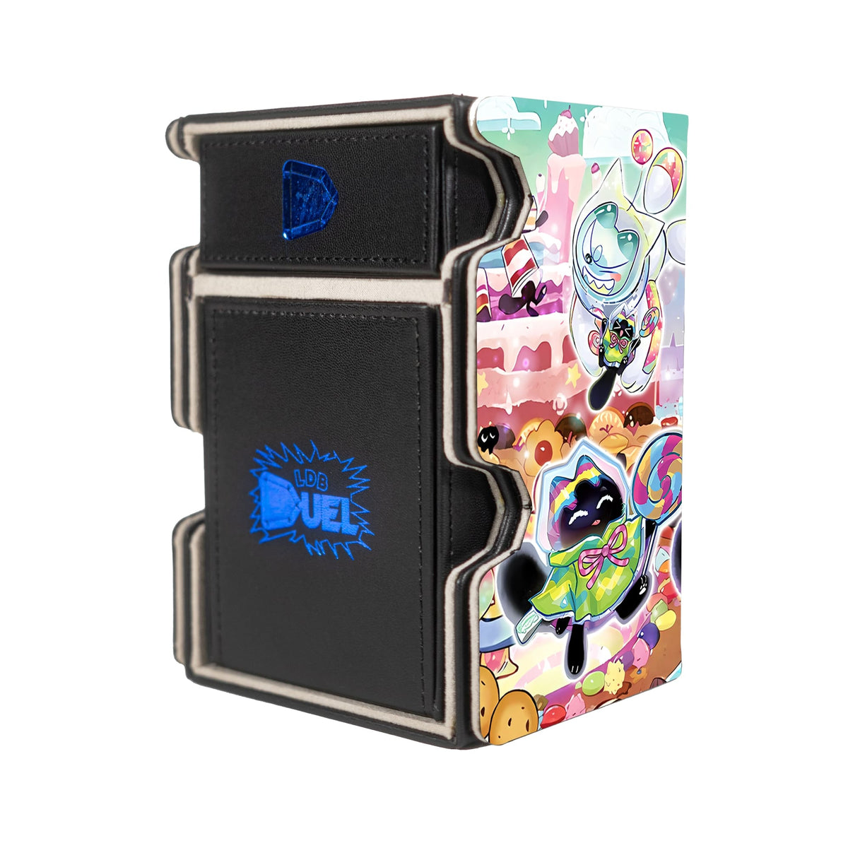 Here is the Right View of the Yummy Marshmallow Mach 3 Black Deck Box. Yummy-Way-yugioh-deck-tray-dice-tray-LDB-Duel