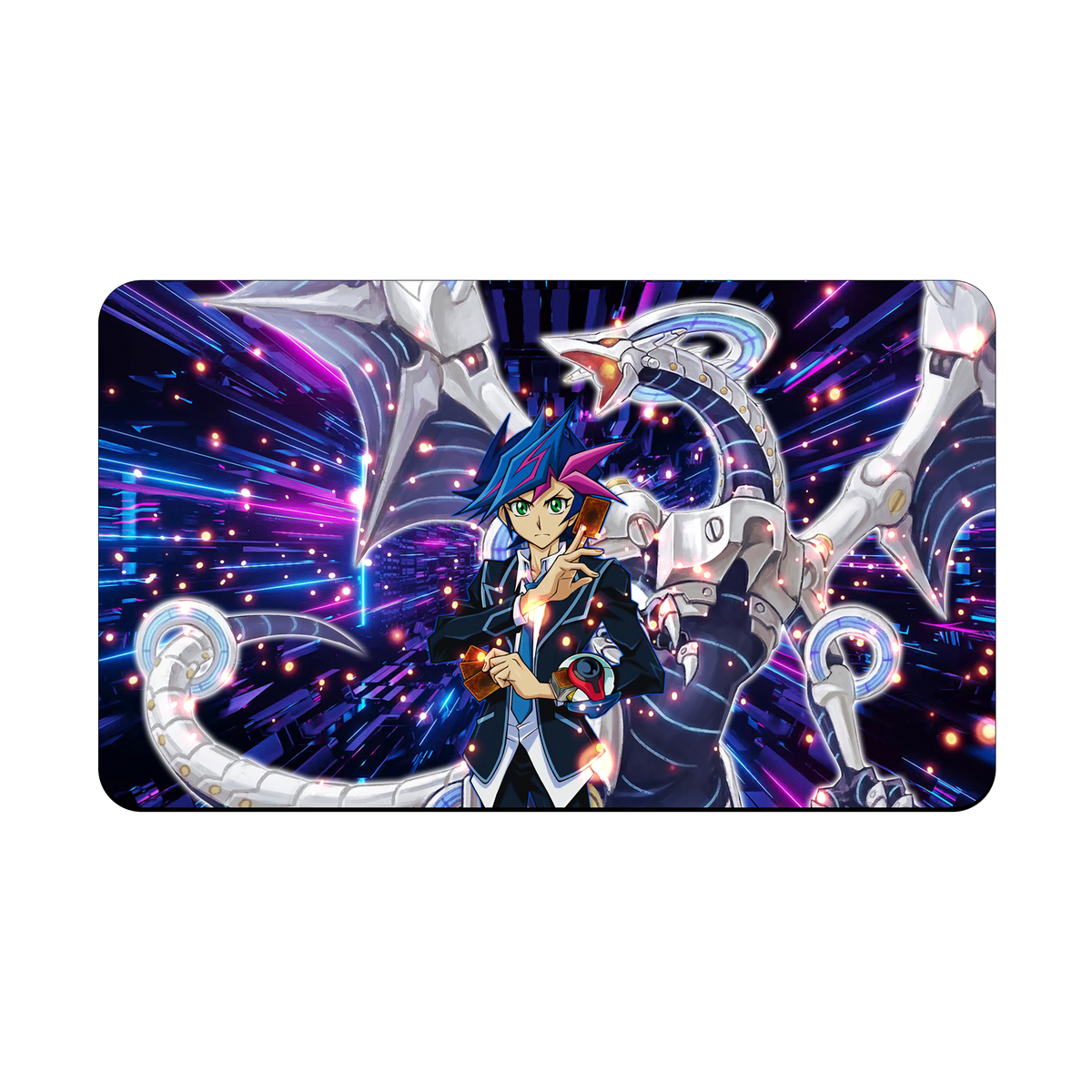 Transform your dueling experience with our exclusive art Yusaku - Firewall Dragon playmat from LDB Duel! Featuring a soft cloth top for smooth card movement and a durable rubber back for a secure grip, this 24x14 inch mat is machine washable and safe for cards and sleeves. Firewall-Guardian-yugioh-mtg-pokemon-custom-artwork-premium-durable-rubber-ldb-duel