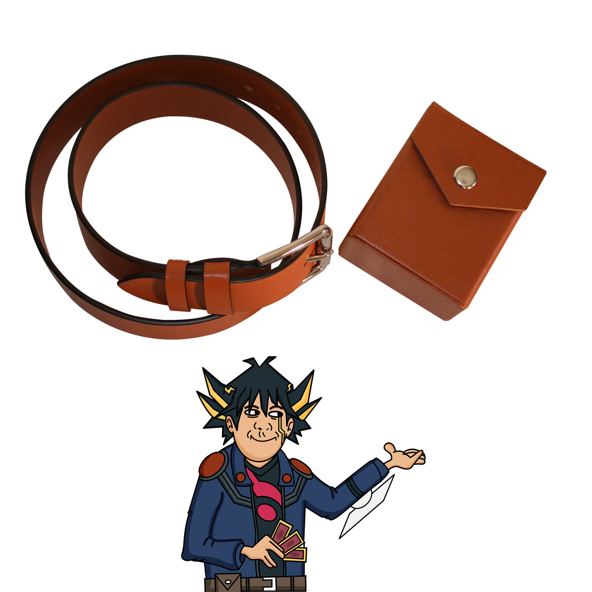 Get your own combination of the deck box used by Yu-Gi-Oh! character Yusei, coupled with a matching black studded belt. The deck box attaches to the belt. Just like the Belt made in spilt leather wears well in everyday use.