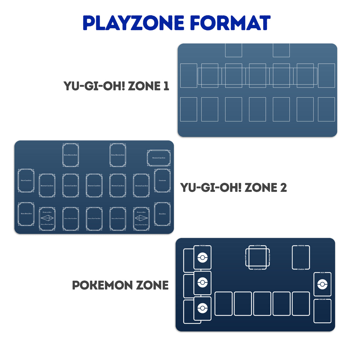 Pick your game zones - Version 1. Your playmat can get printed with card zones for your game. LDB Duel! Featuring a soft cloth top for smooth card movement and a durable rubber back for a secure grip, this 24x14 inch mat is machine washable and safe for cards and sleeves.