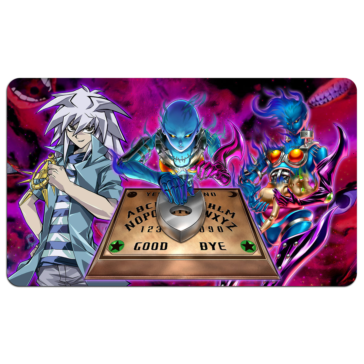 Transform your dueling experience with our exclusive art Bakura's Necrofear playmat from LDB Duel! Featuring a soft cloth top for smooth card movement and a durable rubber back for a secure grip, this 24x14 inch mat is machine washable and safe for cards and sleeves. Necrofear-yugioh-mtg-pokemon-custom-artwork-premium-durable-rubber-ldb-duel
