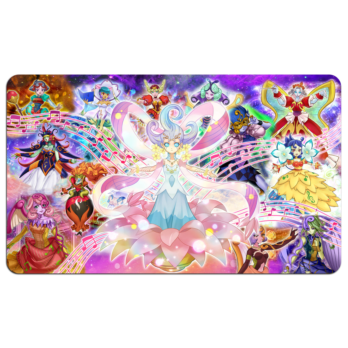 Transform your dueling experience with our exclusive art Melodious playmat from LDB Duel! Featuring a soft cloth top for smooth card movement and a durable rubber back for a secure grip, this 24x14 inch mat is machine washable and safe for cards and sleeves. Bloom-Diva-yugioh-mtg-pokemon-custom-artwork-premium-durable-rubber-ldb-duel