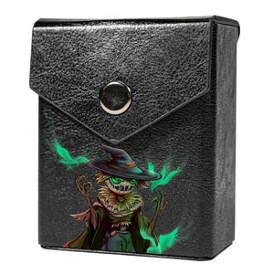 Enhance your TCG storage with the Scarecrow Lord Mach 2 Black deck box, available in options for 60 or 80 single-card sleeves. Sold by LDB Duel. Crafted from durable faux leather, it includes a built-in belt loop, a strong magnetic snap, and showcases our exclusive Scarecrow Lord design—ideal for TCG enthusiasts on the move! Scarecrow-mtg-yugioh-pokemon-tcg-accessories-card-storage-LDB-Duel-black