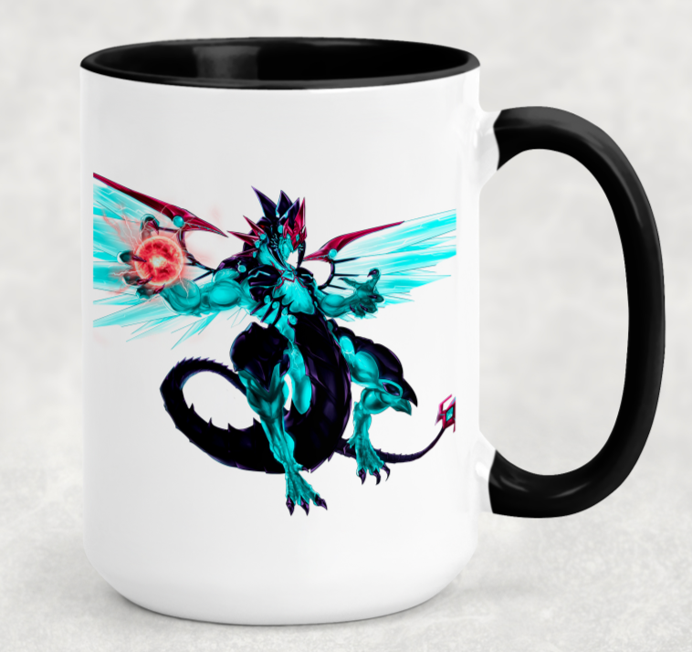 Galaxy Eyes Photon Dragon Mug from the yu-gi-oh trading card game and anime. Exlusive from LDB Duel. 15 oz mug with black rim. 